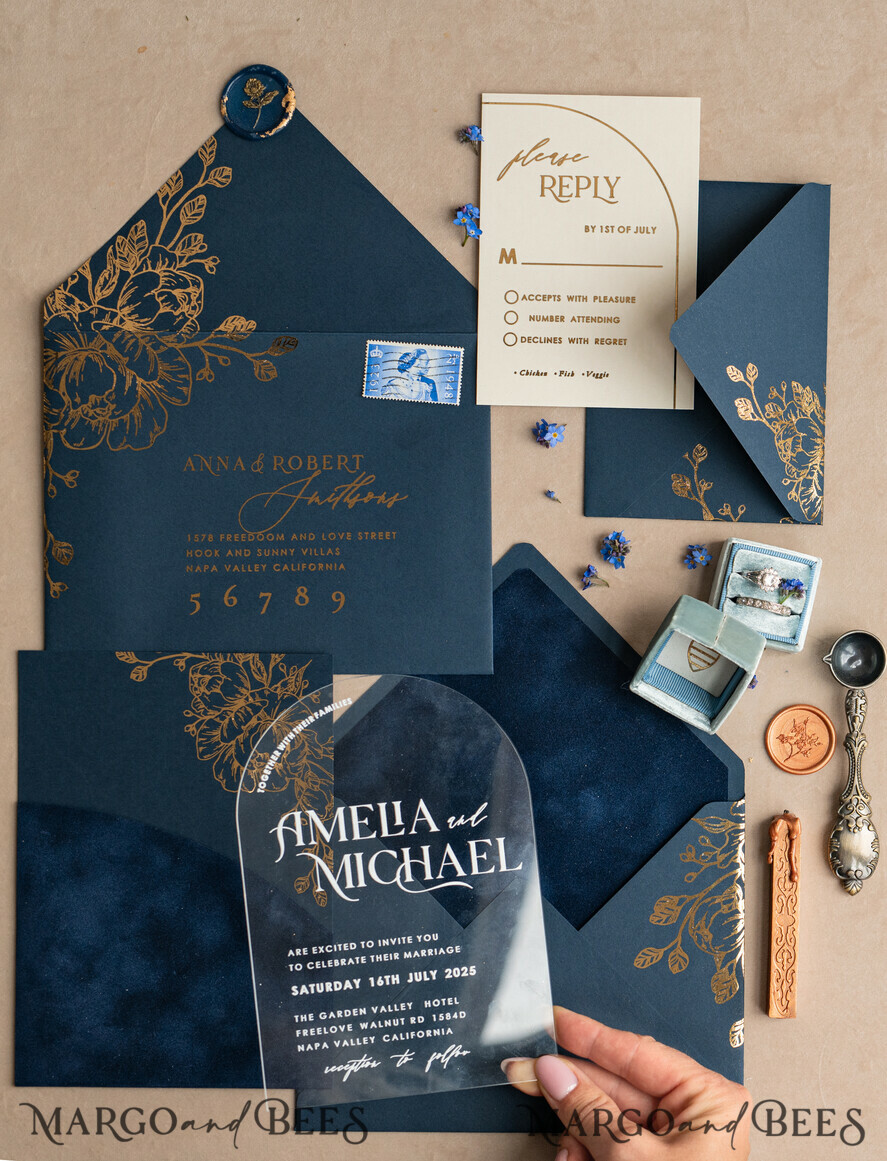 WEDDING INVITATIONS gold / rose gold / silver / glitter Navy Gold Arch Wedding invitations, Plexi Pocket Velvet Wedding Invitations, Dark Blue Gold Wedding Invitation Suite, Elegant  Wedding Cards