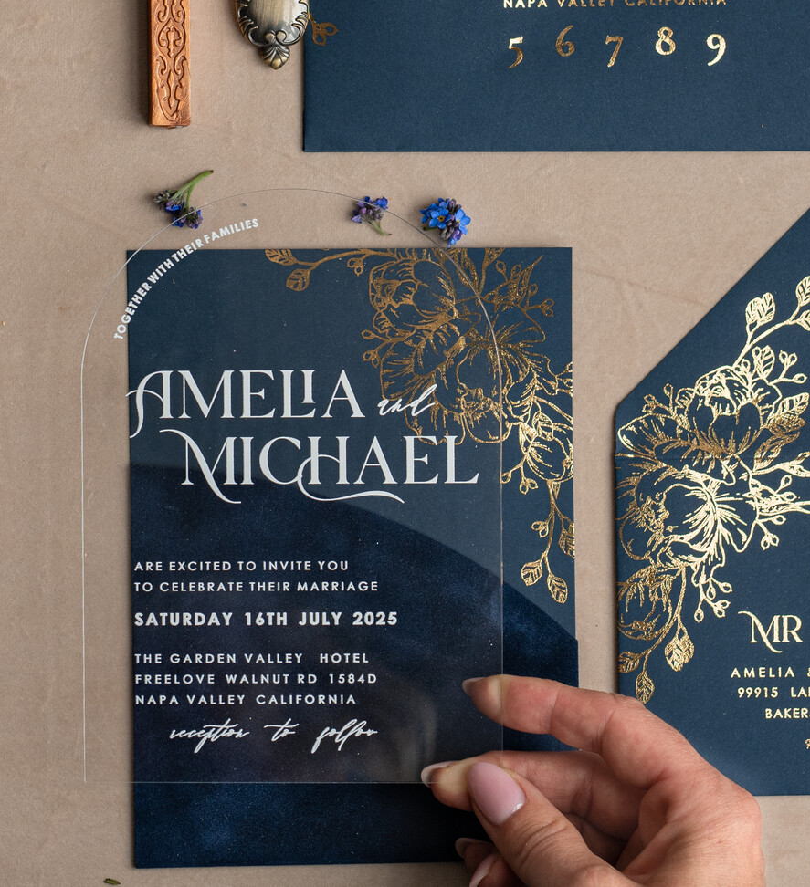 WEDDING INVITATIONS gold / rose gold / silver / glitter Navy Gold Arch Wedding invitations, Plexi Pocket Velvet Wedding Invitations, Dark Blue Gold Wedding Invitation Suite, Elegant  Wedding Cards