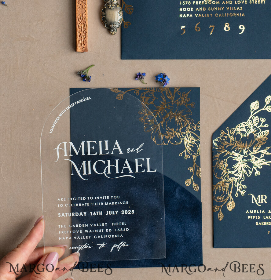 WEDDING INVITATIONS gold / rose gold / silver / glitter Navy Gold Arch Wedding invitations, Plexi Pocket Velvet Wedding Invitations, Dark Blue Gold Wedding Invitation Suite, Elegant  Wedding Cards