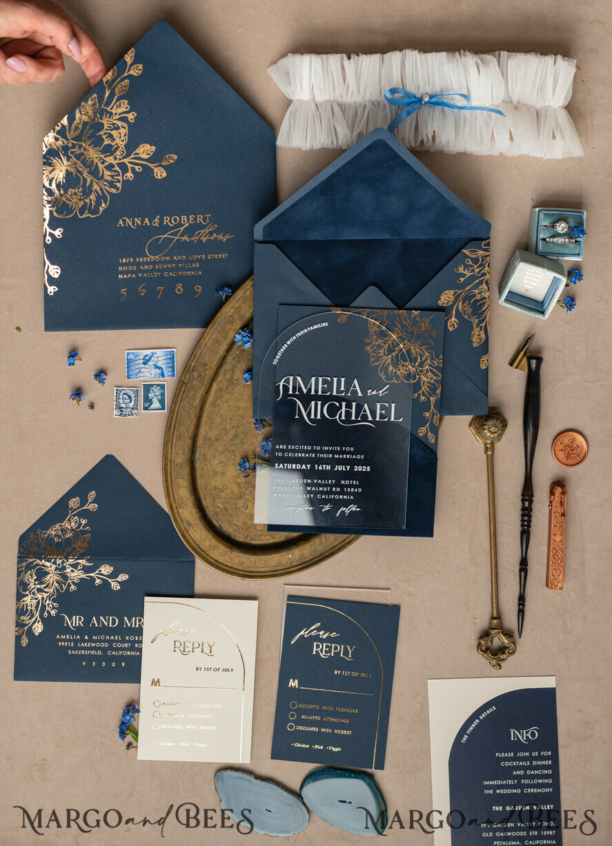 WEDDING INVITATIONS gold / rose gold / silver / glitter Navy Gold Arch Wedding invitations, Plexi Pocket Velvet Wedding Invitations, Dark Blue Gold Wedding Invitation Suite, Elegant  Wedding Cards
