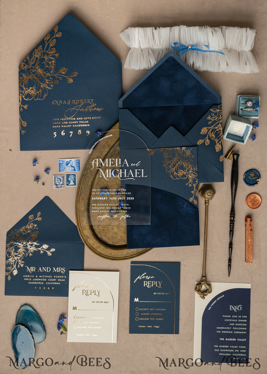 WEDDING INVITATIONS gold / rose gold / silver / glitter Navy Gold Arch Wedding invitations, Plexi Pocket Velvet Wedding Invitations, Dark Blue Gold Wedding Invitation Suite, Elegant  Wedding Cards