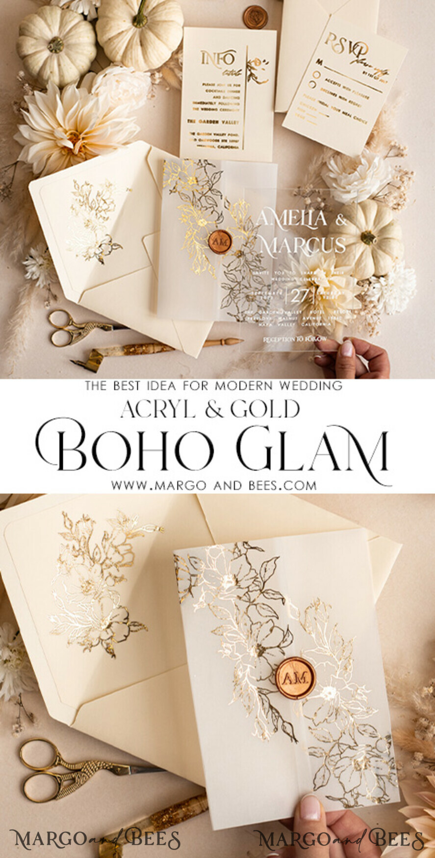 WEDDING INVITATIONS gold / rose gold / silver / glitter Acrylic Wedding invitation suite, Boho Glam Wedding Invitations, Golden Shine Wedding Invitates, Elegant Gold Wedding Cards