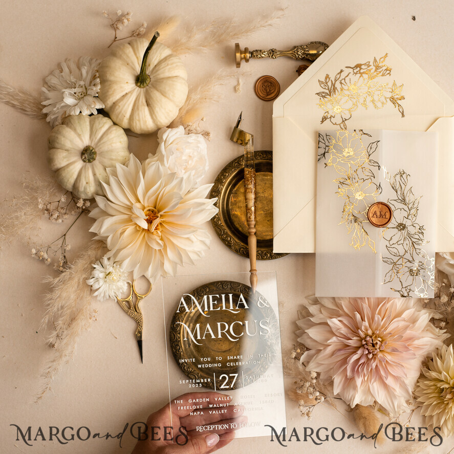 WEDDING INVITATIONS gold / rose gold / silver / glitter Acrylic Wedding invitation suite, Boho Glam Wedding Invitations, Golden Shine Wedding Invitates, Elegant Gold Wedding Cards