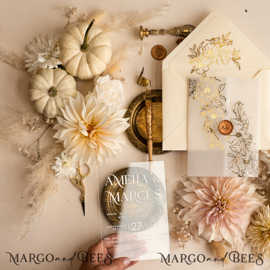 WEDDING INVITATIONS gold / rose gold / silver / glitter Acrylic Wedding invitation suite, Boho Glam Wedding Invitations, Golden Shine Wedding Invitates, Elegant Gold Wedding Cards