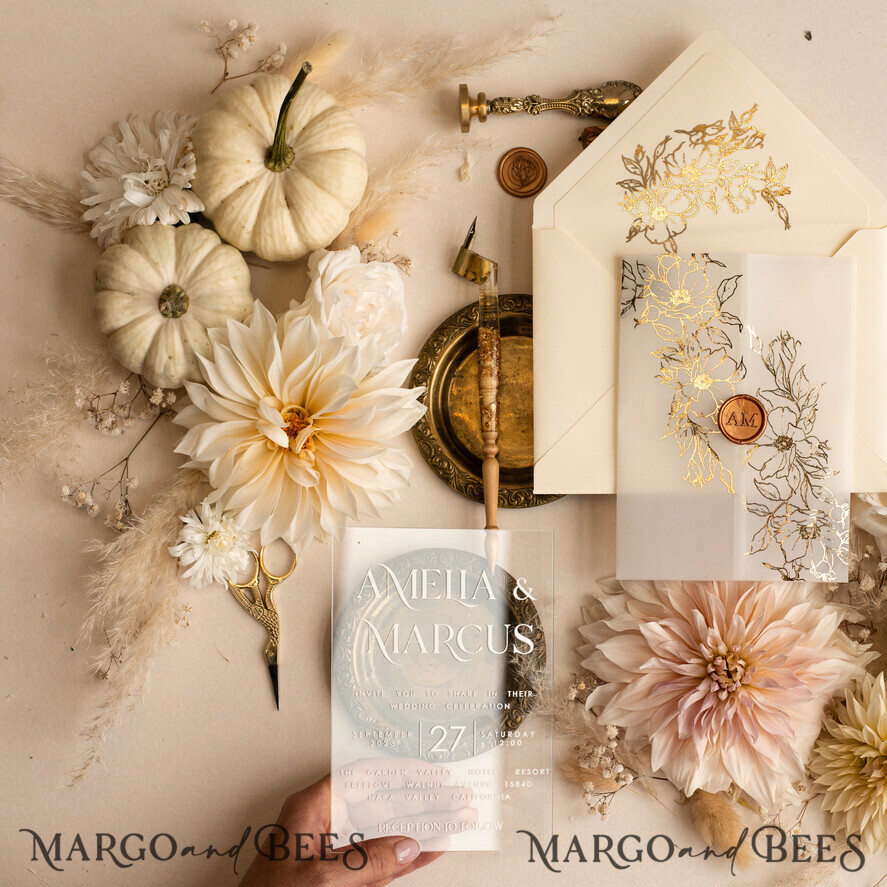 WEDDING INVITATIONS gold / rose gold / silver / glitter Acrylic Wedding invitation suite, Boho Glam Wedding Invitations, Golden Shine Wedding Invitates, Elegant Gold Wedding Cards