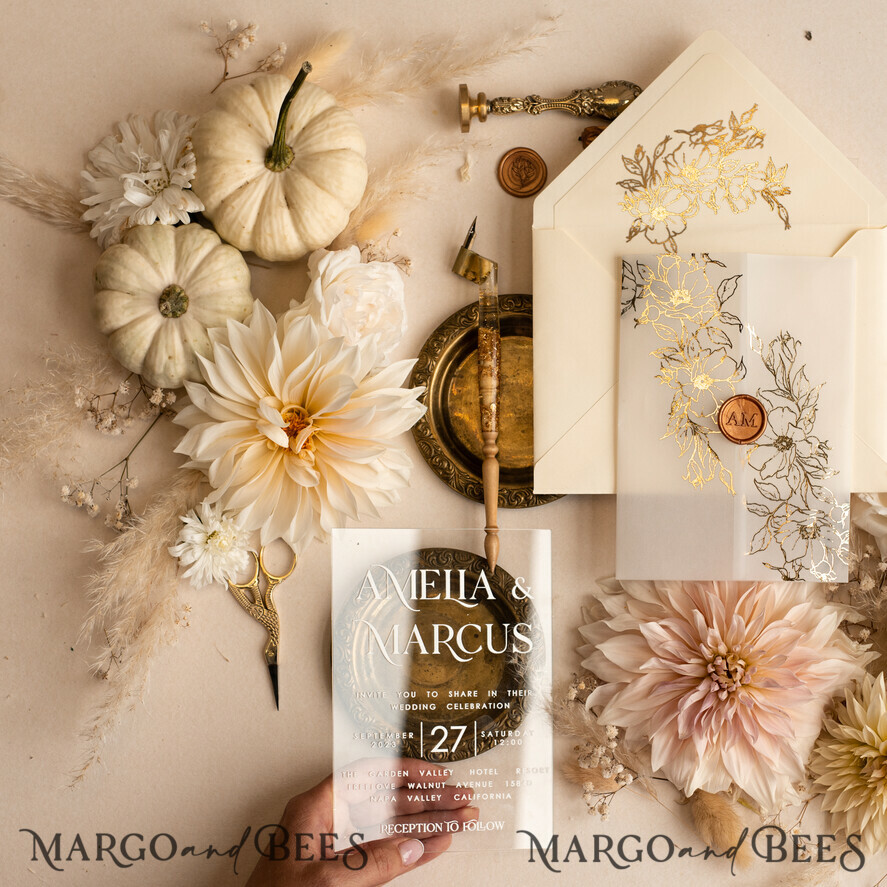WEDDING INVITATIONS gold / rose gold / silver / glitter Acrylic Wedding invitation suite, Boho Glam Wedding Invitations, Golden Shine Wedding Invitates, Elegant Gold Wedding Cards