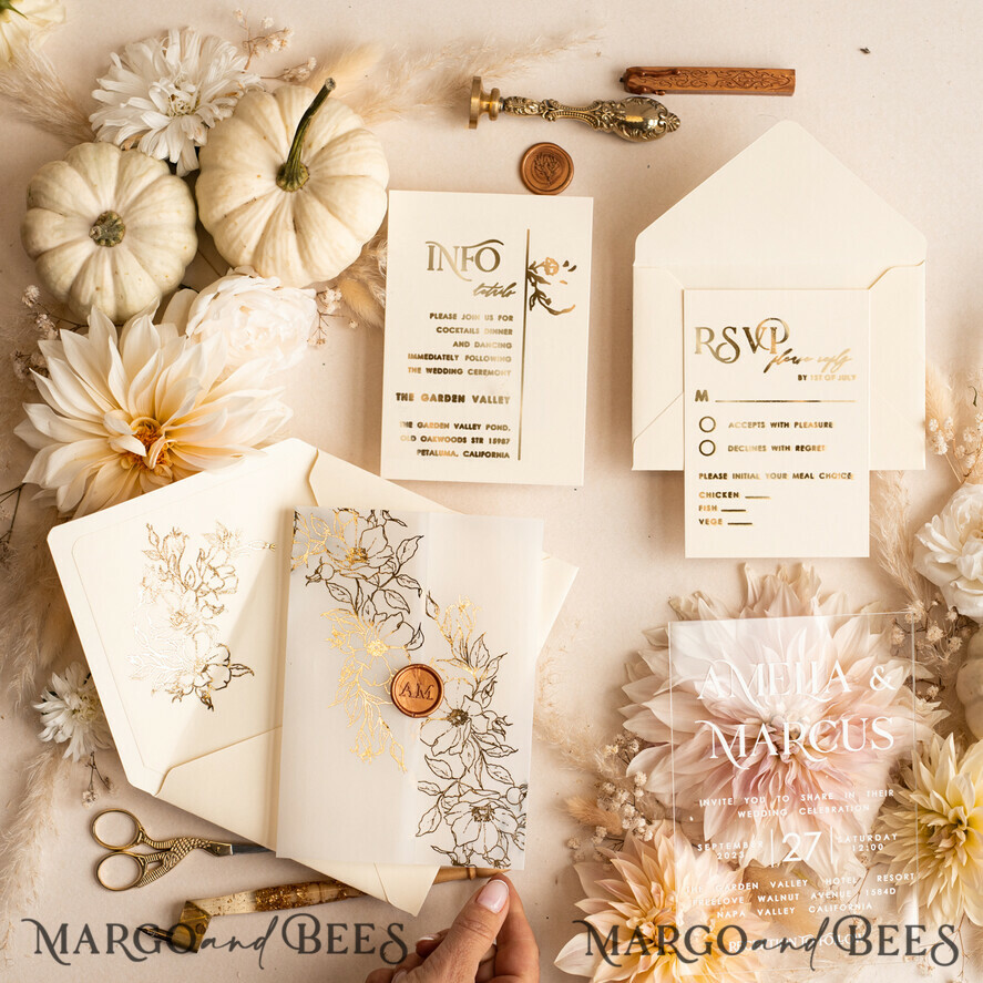 WEDDING INVITATIONS gold / rose gold / silver / glitter Acrylic Wedding invitation suite, Boho Glam Wedding Invitations, Golden Shine Wedding Invitates, Elegant Gold Wedding Cards