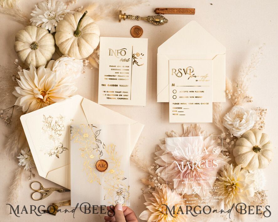 WEDDING INVITATIONS gold / rose gold / silver / glitter Acrylic Wedding invitation suite, Boho Glam Wedding Invitations, Golden Shine Wedding Invitates, Elegant Gold Wedding Cards