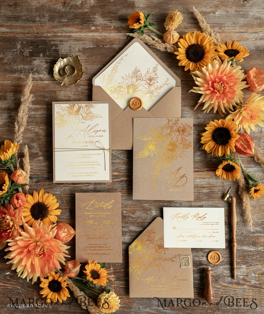 Stunning Watercolour Sunflower Personalised Wedding Menu Cards 
