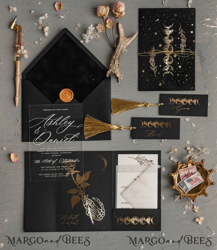 WEDDING INVITATIONS gold / rose gold / silver / glitter Halloween Moon phases Wedding Invitations Suite, Black Invitations, Spooky Halloween Invites, Gothic Wedding Invitation Cards, Skeleton Wedding Set black and gold
