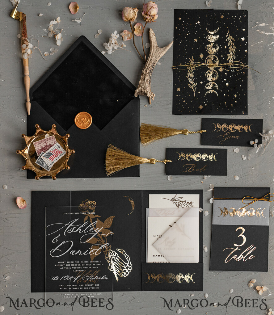 WEDDING INVITATIONS gold / rose gold / silver / glitter Halloween Moon phases Wedding Invitations Suite, Black Invitations, Spooky Halloween Invites, Gothic Wedding Invitation Cards, Skeleton Wedding Set black and gold