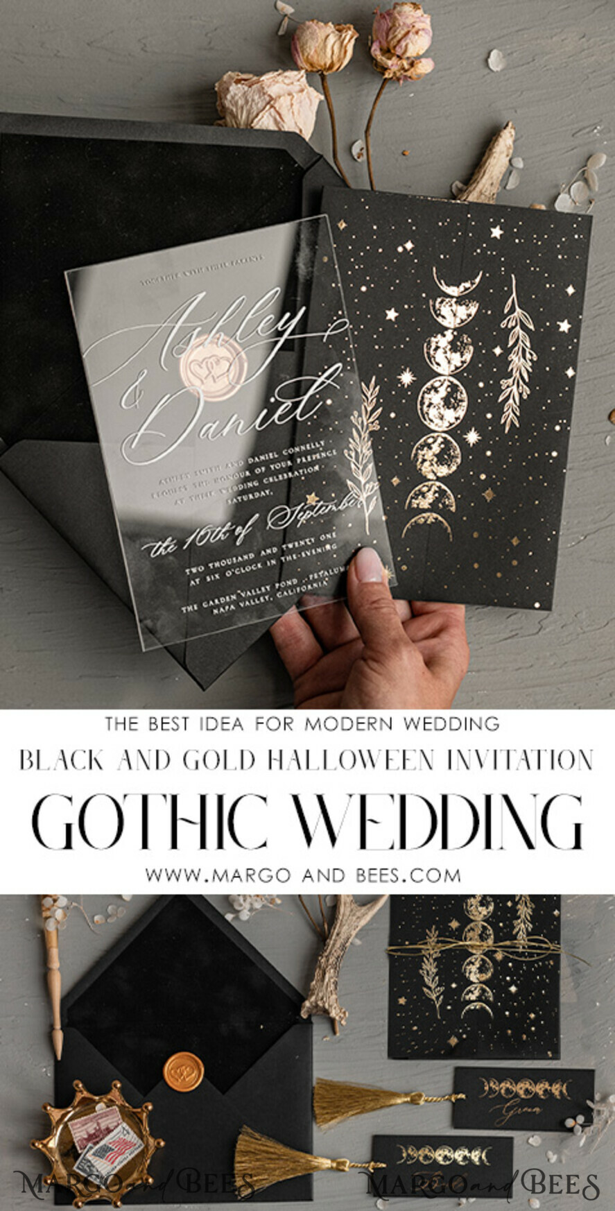 WEDDING INVITATIONS gold / rose gold / silver / glitter Halloween Moon phases Wedding Invitations Suite, Black Invitations, Spooky Halloween Invites, Gothic Wedding Invitation Cards, Skeleton Wedding Set black and gold