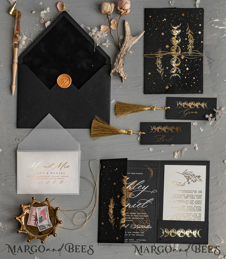 WEDDING INVITATIONS gold / rose gold / silver / glitter Halloween Moon phases Wedding Invitations Suite, Black Invitations, Spooky Halloween Invites, Gothic Wedding Invitation Cards, Skeleton Wedding Set black and gold