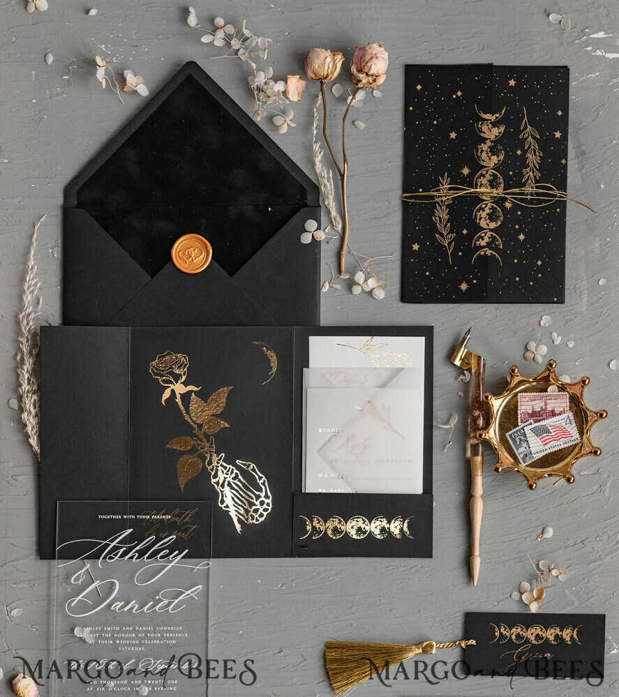 WEDDING INVITATIONS gold / rose gold / silver / glitter Halloween Moon phases Wedding Invitations Suite, Black Invitations, Spooky Halloween Invites, Gothic Wedding Invitation Cards, Skeleton Wedding Set black and gold