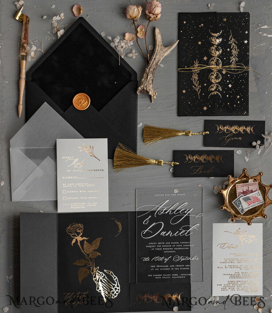 WEDDING INVITATIONS gold / rose gold / silver / glitter Halloween Moon phases Wedding Invitations Suite, Black Invitations, Spooky Halloween Invites, Gothic Wedding Invitation Cards, Skeleton Wedding Set black and gold