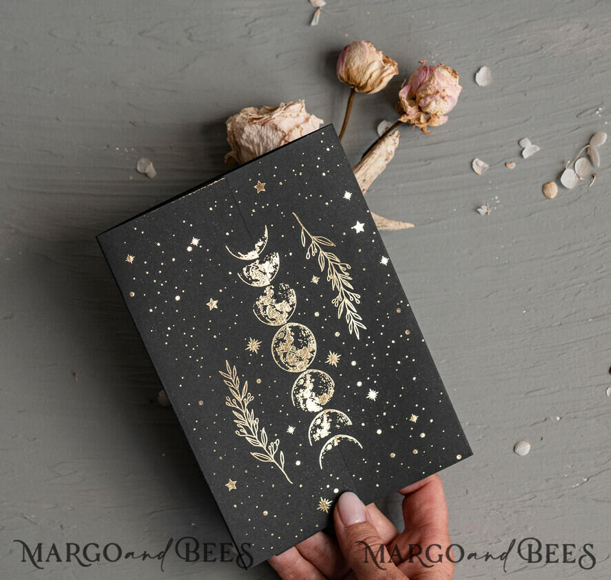 WEDDING INVITATIONS gold / rose gold / silver / glitter Halloween Moon phases Wedding Invitations Suite, Black Invitations, Spooky Halloween Invites, Gothic Wedding Invitation Cards, Skeleton Wedding Set black and gold