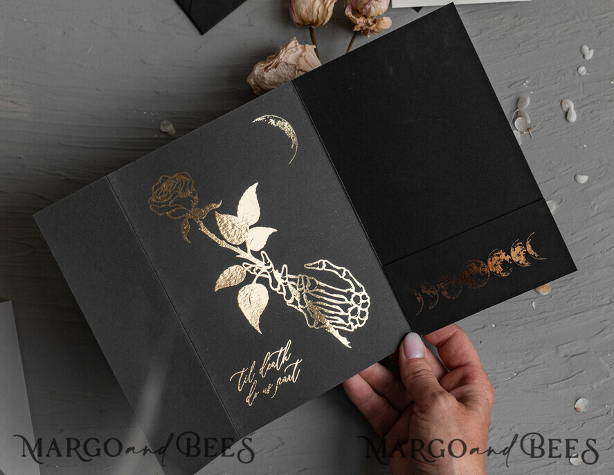 WEDDING INVITATIONS gold / rose gold / silver / glitter Halloween Moon phases Wedding Invitations Suite, Black Invitations, Spooky Halloween Invites, Gothic Wedding Invitation Cards, Skeleton Wedding Set black and gold