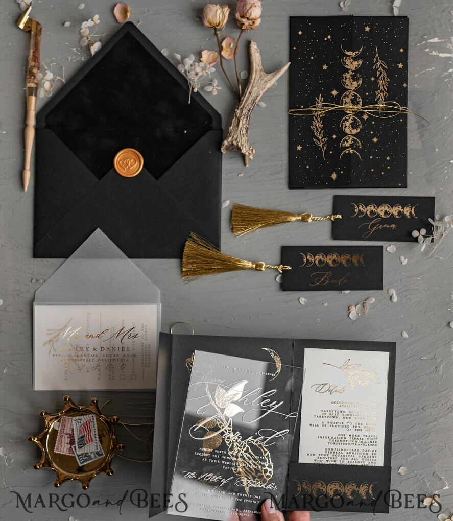 WEDDING INVITATIONS gold / rose gold / silver / glitter Halloween Moon phases Wedding Invitations Suite, Black Invitations, Spooky Halloween Invites, Gothic Wedding Invitation Cards, Skeleton Wedding Set black and gold