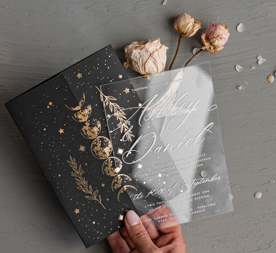 WEDDING INVITATIONS gold / rose gold / silver / glitter Halloween Moon phases Wedding Invitations Suite, Black Invitations, Spooky Halloween Invites, Gothic Wedding Invitation Cards, Skeleton Wedding Set black and gold