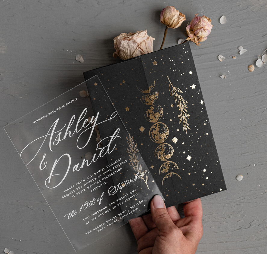 WEDDING INVITATIONS gold / rose gold / silver / glitter Halloween Moon phases Wedding Invitations Suite, Black Invitations, Spooky Halloween Invites, Gothic Wedding Invitation Cards, Skeleton Wedding Set black and gold