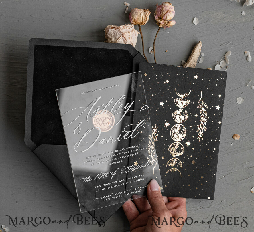 WEDDING INVITATIONS gold / rose gold / silver / glitter Halloween Moon phases Wedding Invitations Suite, Black Invitations, Spooky Halloween Invites, Gothic Wedding Invitation Cards, Skeleton Wedding Set black and gold