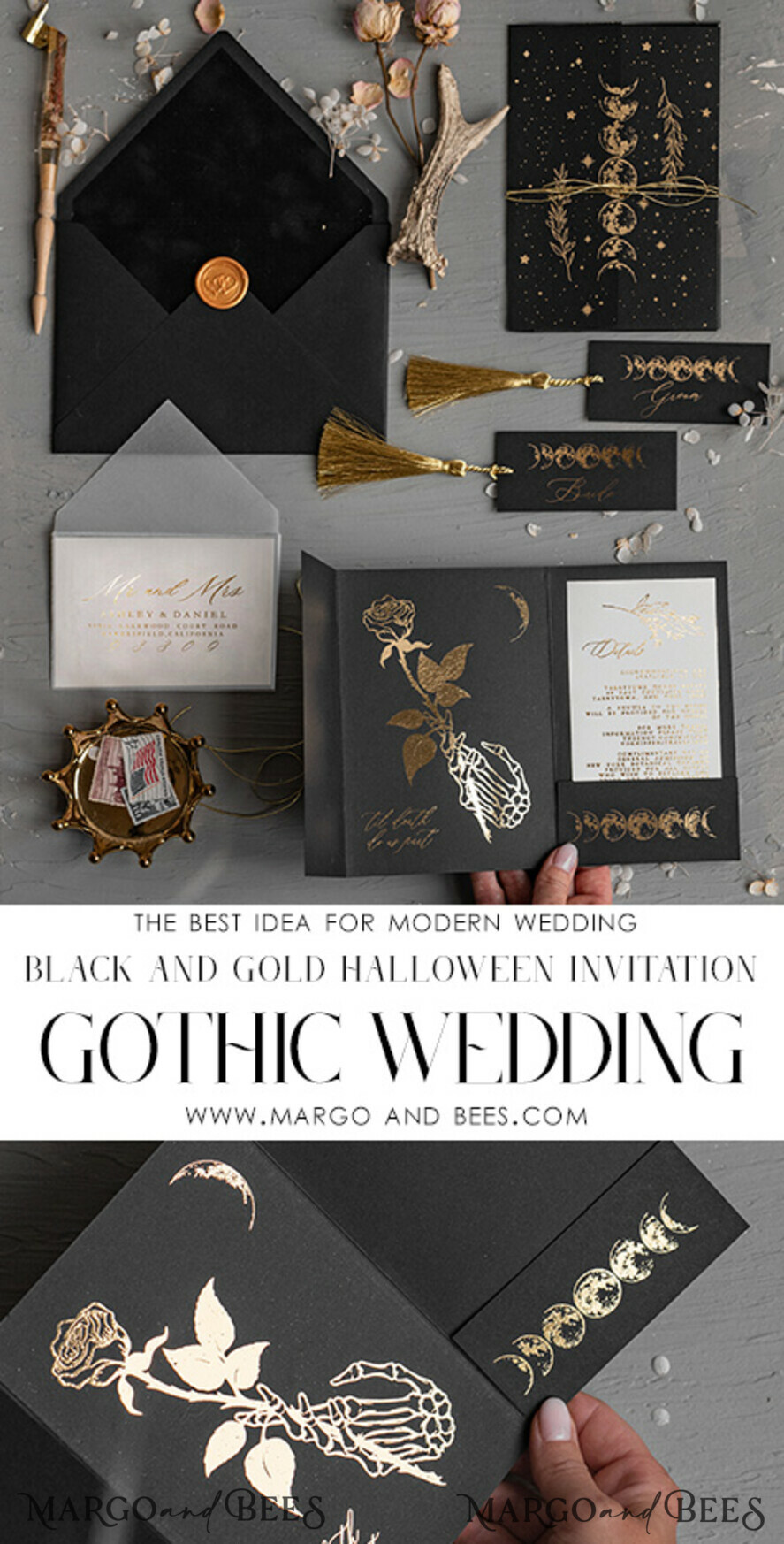 WEDDING INVITATIONS gold / rose gold / silver / glitter Halloween Moon phases Wedding Invitations Suite, Black Invitations, Spooky Halloween Invites, Gothic Wedding Invitation Cards, Skeleton Wedding Set black and gold