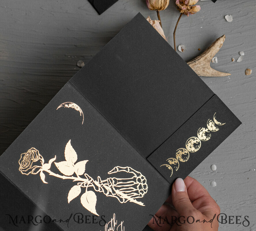 WEDDING INVITATIONS gold / rose gold / silver / glitter Halloween Moon phases Wedding Invitations Suite, Black Invitations, Spooky Halloween Invites, Gothic Wedding Invitation Cards, Skeleton Wedding Set black and gold
