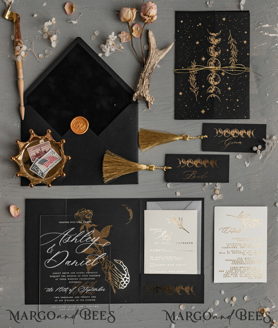 WEDDING INVITATIONS gold / rose gold / silver / glitter Halloween Moon phases Wedding Invitations Suite, Black Invitations, Spooky Halloween Invites, Gothic Wedding Invitation Cards, Skeleton Wedding Set black and gold