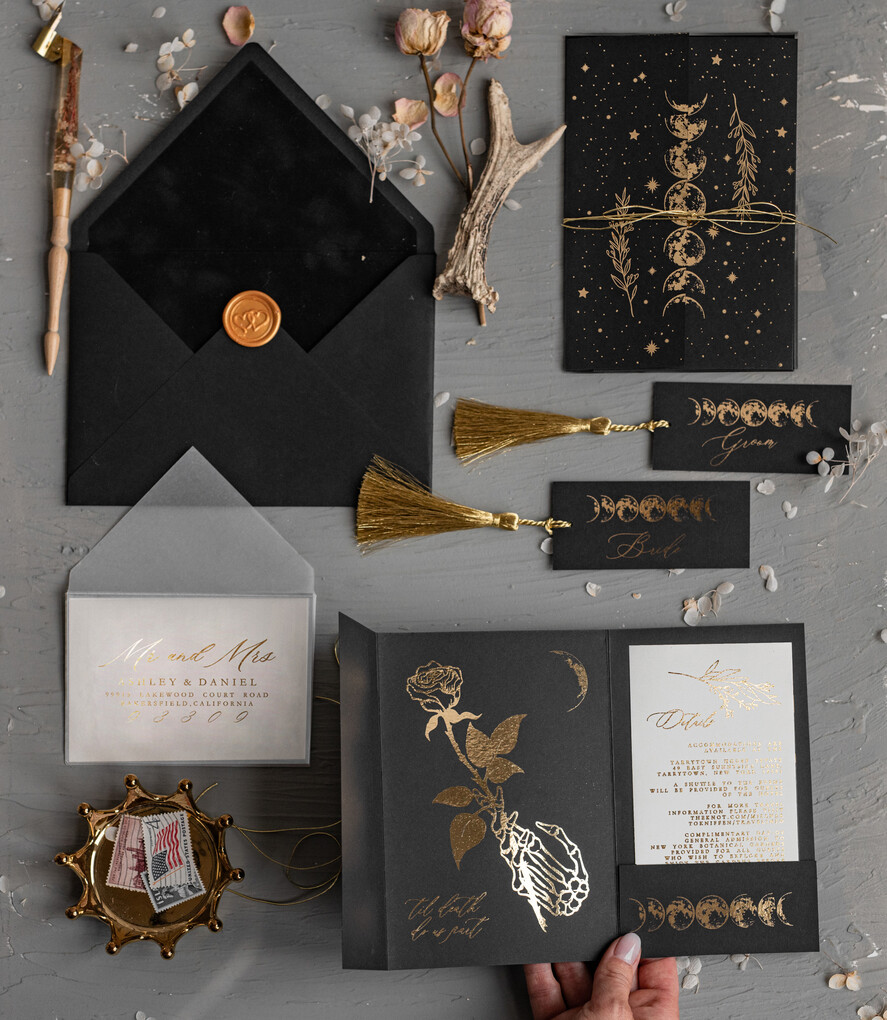 WEDDING INVITATIONS gold / rose gold / silver / glitter Halloween Moon phases Wedding Invitations Suite, Black Invitations, Spooky Halloween Invites, Gothic Wedding Invitation Cards, Skeleton Wedding Set black and gold