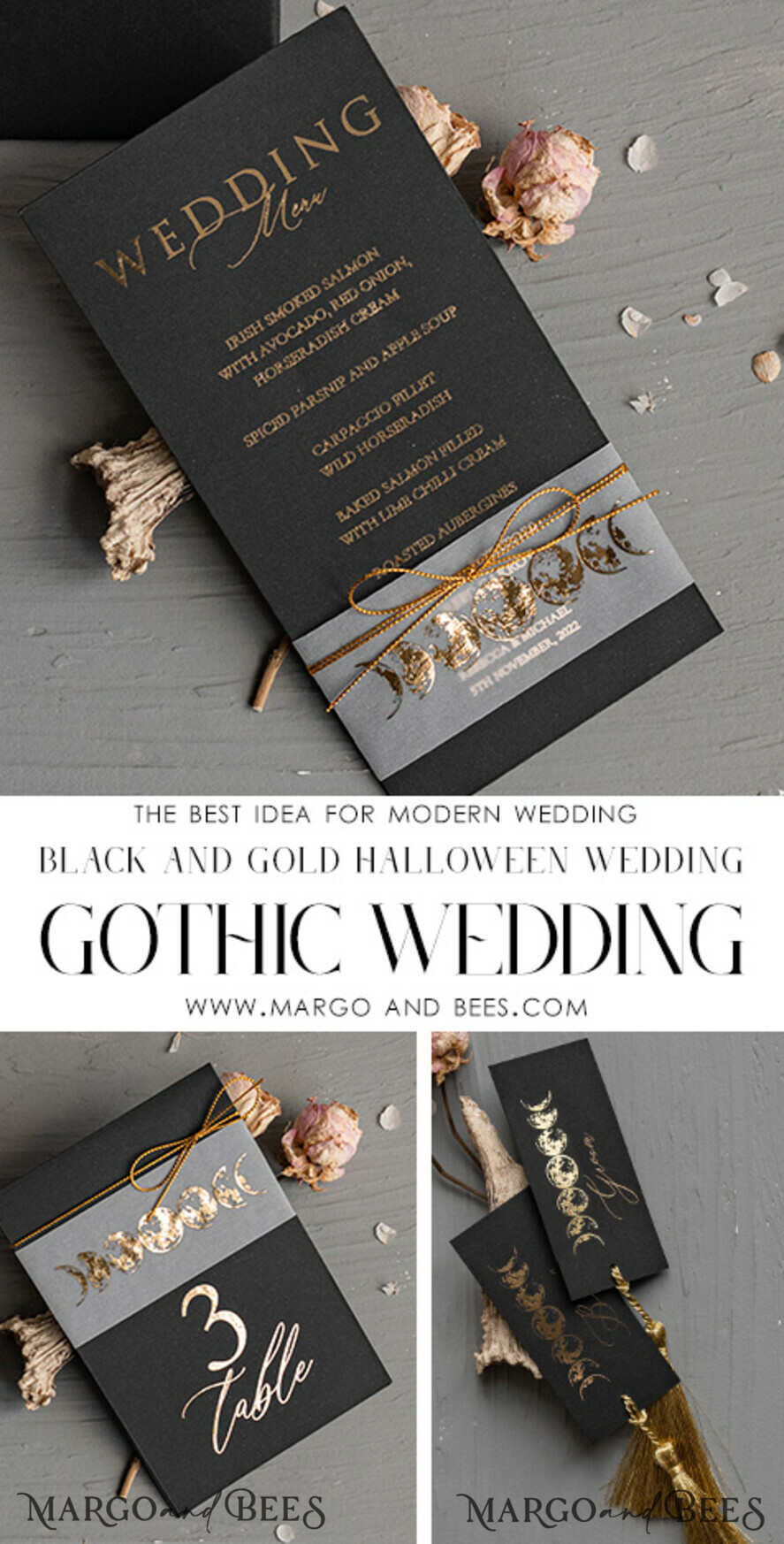WEDDING INVITATIONS gold / rose gold / silver / glitter Halloween Moon phases Wedding Invitations Suite, Black Invitations, Spooky Halloween Invites, Gothic Wedding Invitation Cards, Skeleton Wedding Set black and gold