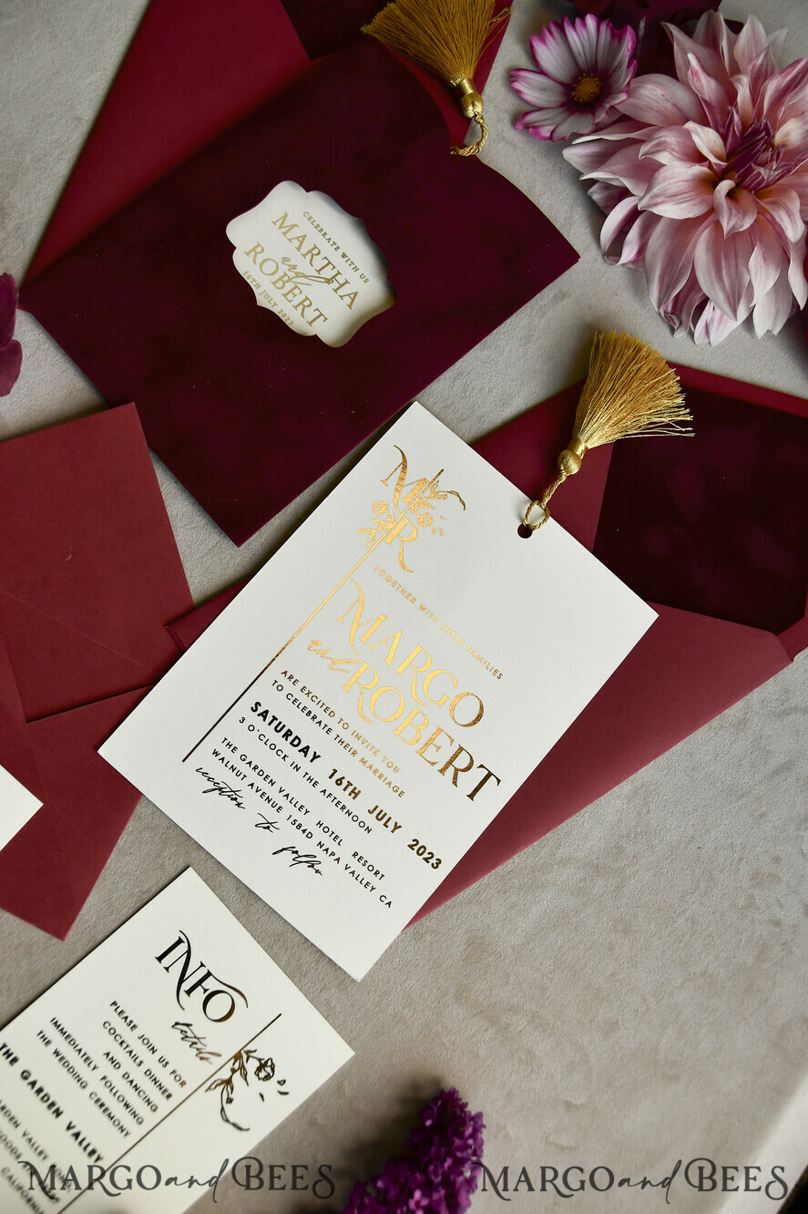 WEDDING INVITATIONS gold / rose gold / silver / glitter Maroon wedding invitation, velvet burgundy and gold wedding invites , royal crimson wedding cards