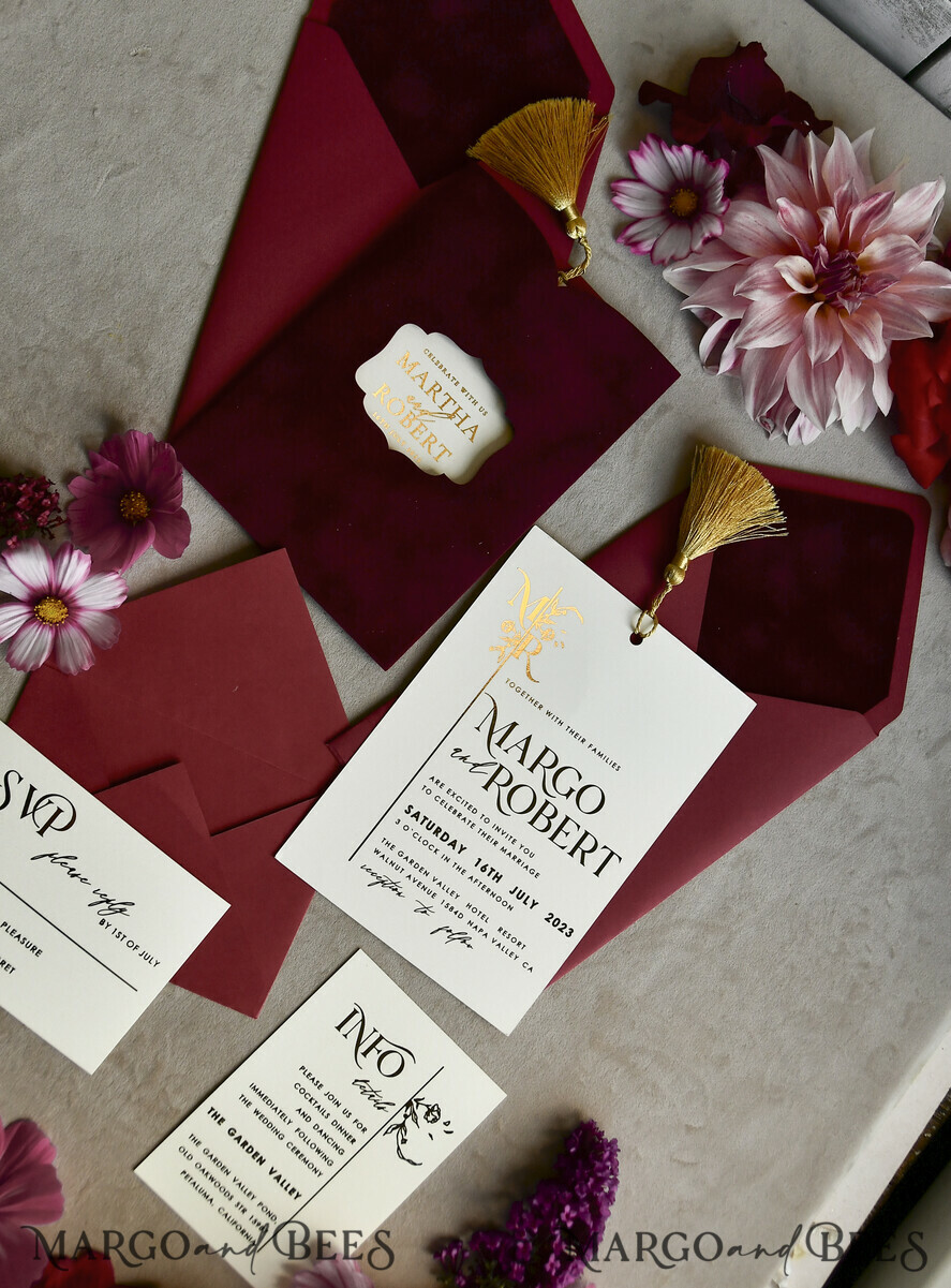 WEDDING INVITATIONS gold / rose gold / silver / glitter Maroon wedding invitation, velvet burgundy and gold wedding invites , royal crimson wedding cards