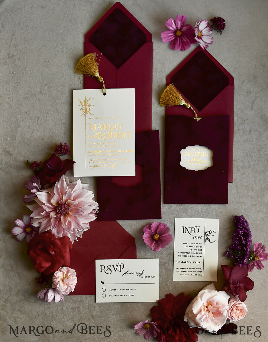 WEDDING INVITATIONS gold / rose gold / silver / glitter Maroon wedding invitation, velvet burgundy and gold wedding invites , royal crimson wedding cards