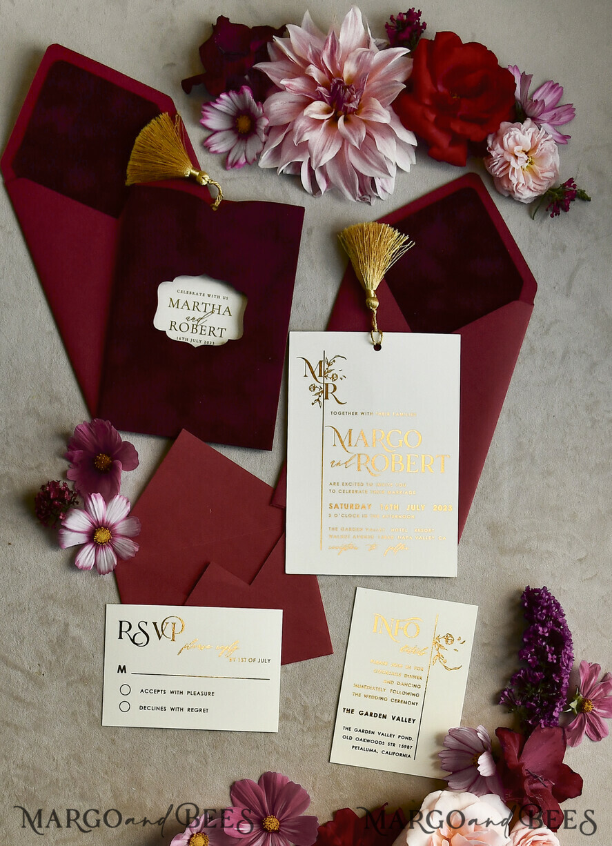 WEDDING INVITATIONS gold / rose gold / silver / glitter Maroon wedding invitation, velvet burgundy and gold wedding invites , royal crimson wedding cards