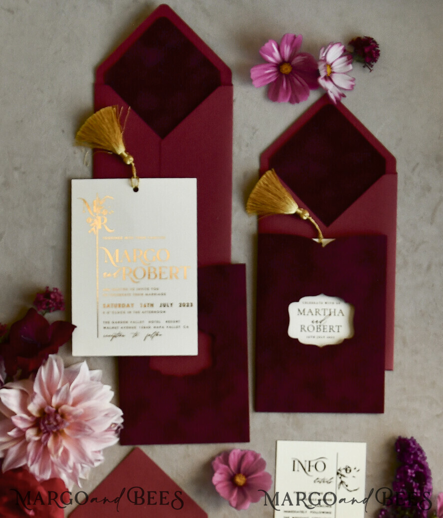 WEDDING INVITATIONS gold / rose gold / silver / glitter Maroon wedding invitation, velvet burgundy and gold wedding invites , royal crimson wedding cards