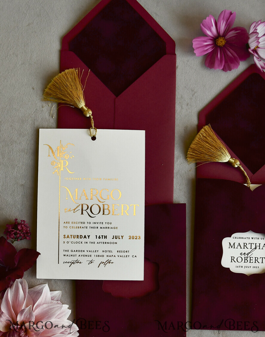 WEDDING INVITATIONS gold / rose gold / silver / glitter Maroon wedding invitation, velvet burgundy and gold wedding invites , royal crimson wedding cards