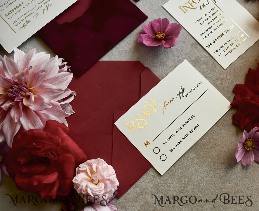WEDDING INVITATIONS gold / rose gold / silver / glitter Maroon wedding invitation, velvet burgundy and gold wedding invites , royal crimson wedding cards