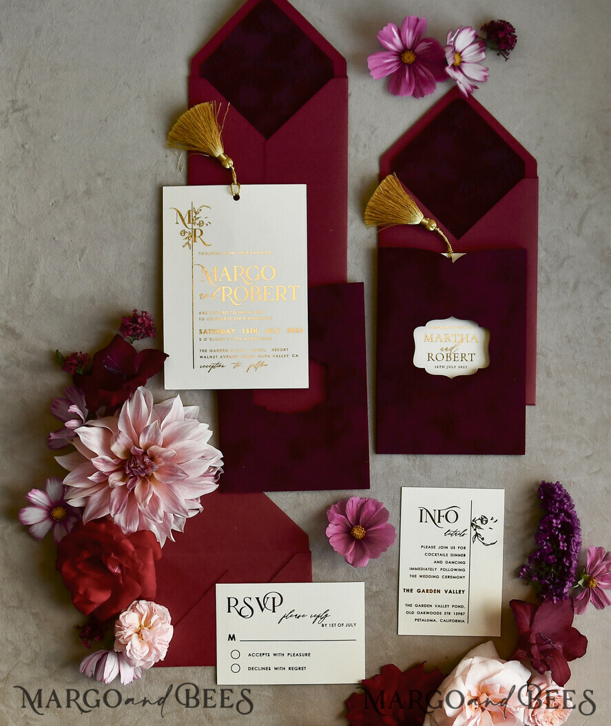 WEDDING INVITATIONS gold / rose gold / silver / glitter Maroon wedding invitation, velvet burgundy and gold wedding invites , royal crimson wedding cards