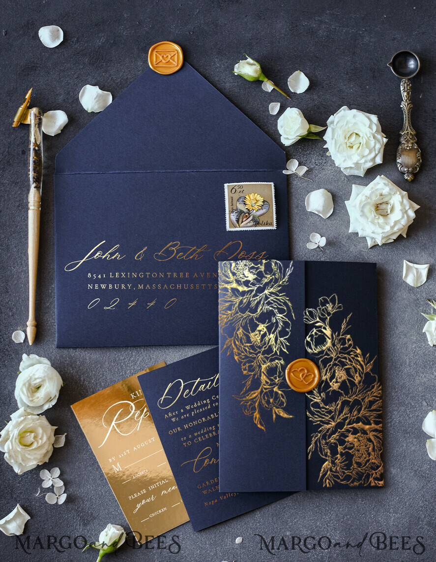 WEDDING INVITATIONS gold / rose gold / silver / glitter  Luxury Gold Foil Wedding Invitations, Elegant Navy Blue Wedding Invitation Suite, Glamour Golden Shine Wedding Cards, Bespoke Plexi Acrylic Wedding Invites
