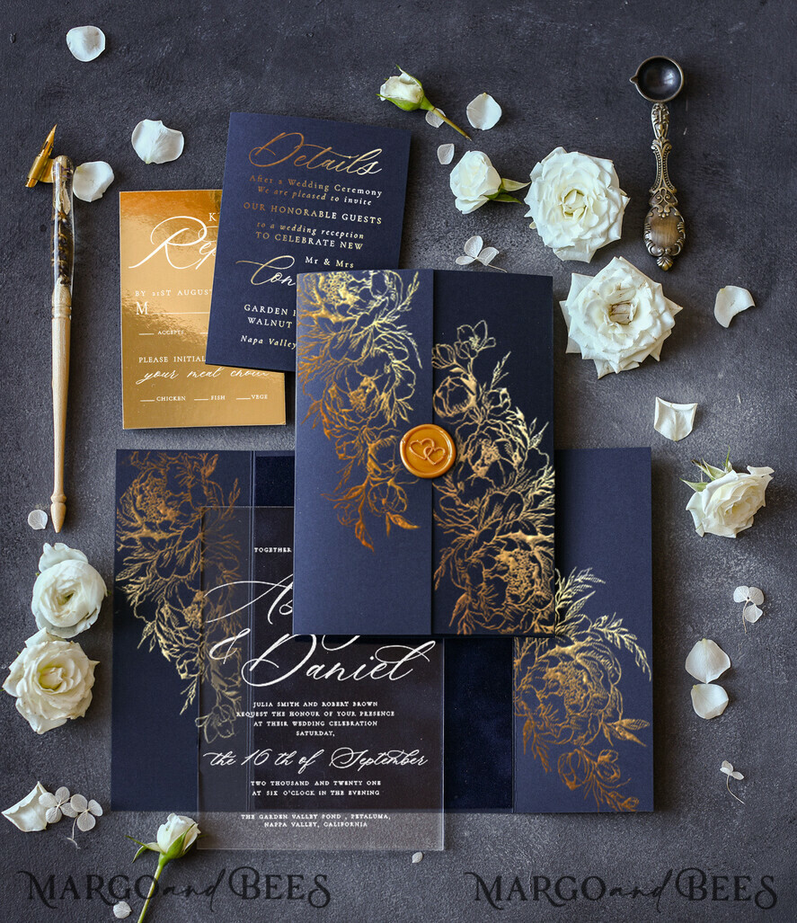 WEDDING INVITATIONS gold / rose gold / silver / glitter  Luxury Gold Foil Wedding Invitations, Elegant Navy Blue Wedding Invitation Suite, Glamour Golden Shine Wedding Cards, Bespoke Plexi Acrylic Wedding Invites