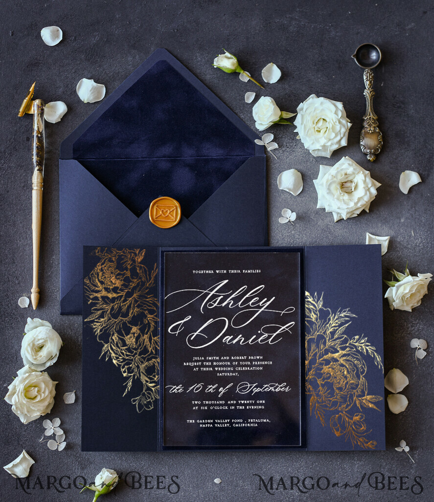 WEDDING INVITATIONS gold / rose gold / silver / glitter  Luxury Gold Foil Wedding Invitations, Elegant Navy Blue Wedding Invitation Suite, Glamour Golden Shine Wedding Cards, Bespoke Plexi Acrylic Wedding Invites