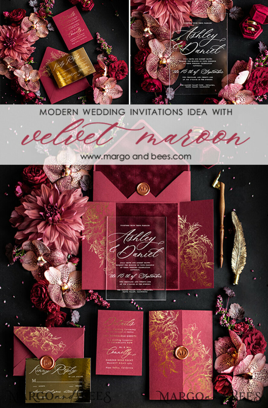 HOCHZEITS EINLADUNGEN Gold / Roségold / Silber / Glitzer Luxuriöse rote Samt-Hochzeitseinladungen, elegante Plexiglas-Acryl-Hochzeitskarten, glamouröse burgunderfarbene arabische Hochzeitseinladungen, indisches goldenes Glanz-Hochzeitseinladungspaket.