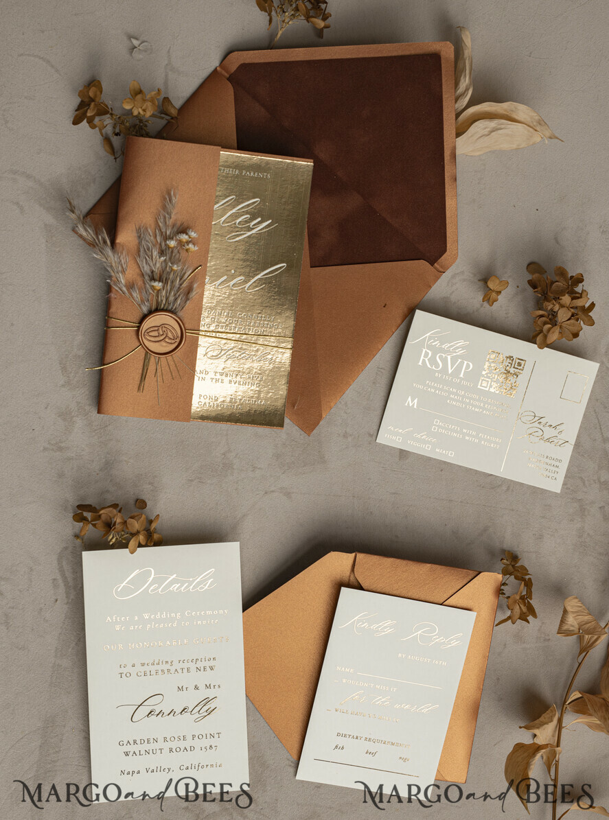 HOCHZEITS EINLADUNGEN Gold / Roségold / Silber / Glitzer Fall Spiegel Gold Hochzeitseinladungen, Elegante Terrakotta Hochzeitseinladungen, Gebranntes Orange Acryl Hochzeitseinladungen, Spiegel Gold Plexi Hochzeitseinladung Suite