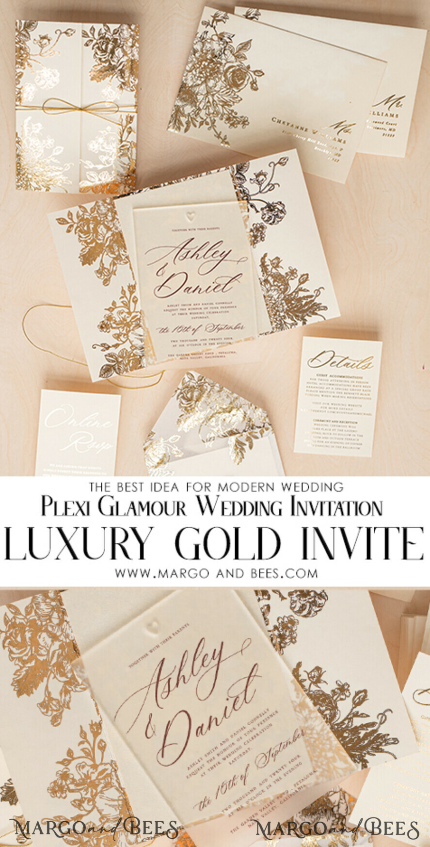 WEDDING INVITATIONS gold / rose gold / silver / glitter Luxury Gold Foil Wedding Invitations, Plexi Glamour Wedding Invitation Suite, Elegant Velvet Wedding Cards, Bespoke Golden Wedding Stationery