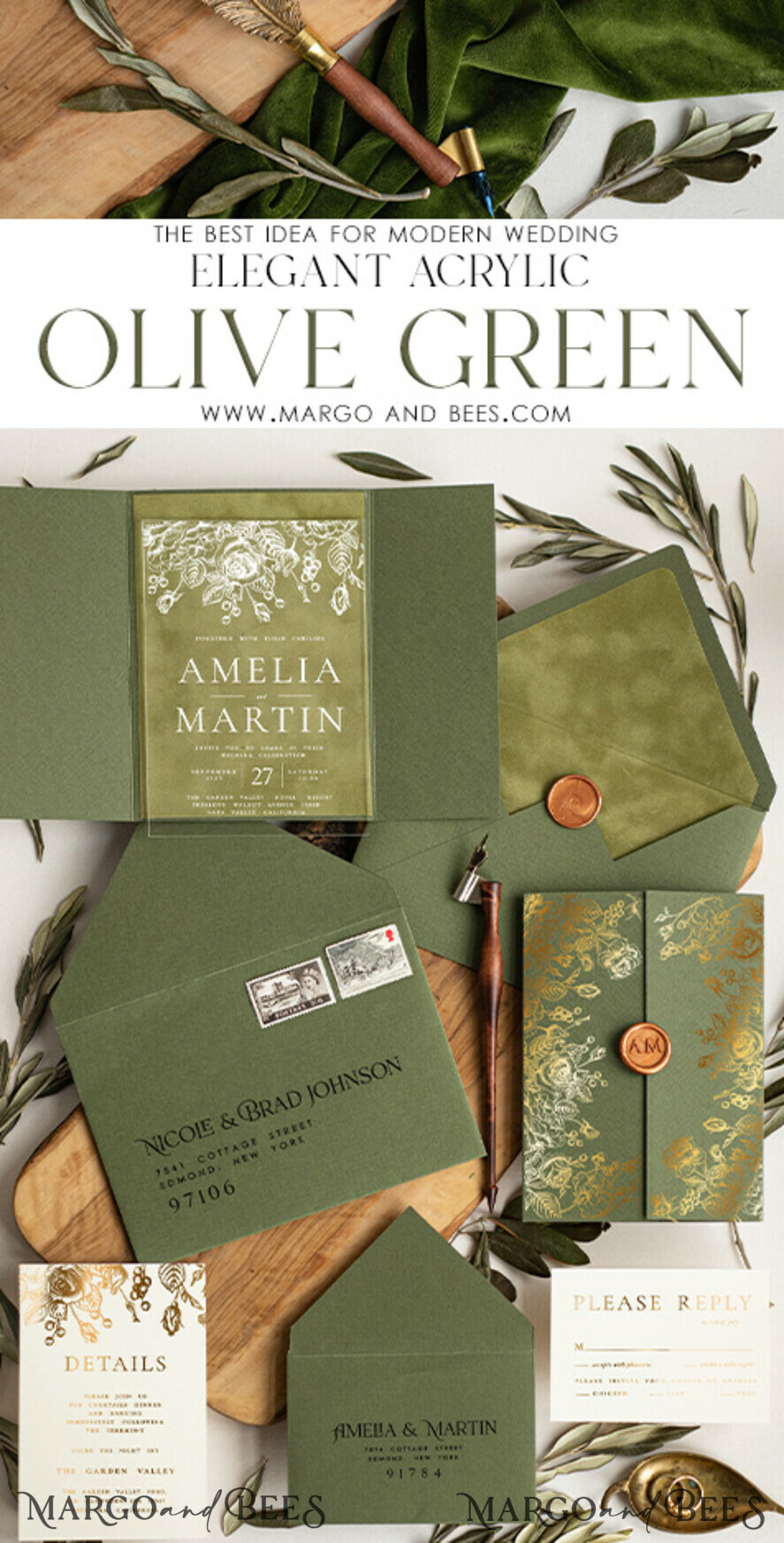 WEDDING INVITATIONS gold / rose gold / silver / glitter Acrylic Wedding Invitations cards, glamour Velvet olive green Wedding invitations designs, Italian Wedding invitation template Green Olive Branch