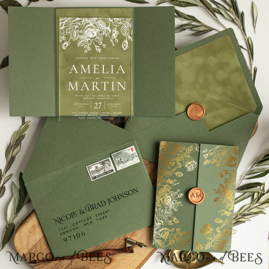WEDDING INVITATIONS gold / rose gold / silver / glitter Acrylic Wedding Invitations cards, glamour Velvet olive green Wedding invitations designs, Italian Wedding invitation template Green Olive Branch