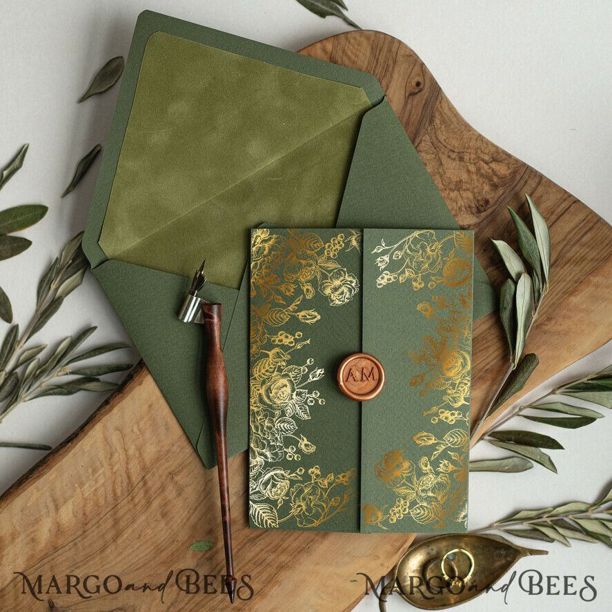 WEDDING INVITATIONS gold / rose gold / silver / glitter Acrylic Wedding Invitations cards, glamour Velvet olive green Wedding invitations designs, Italian Wedding invitation template Green Olive Branch