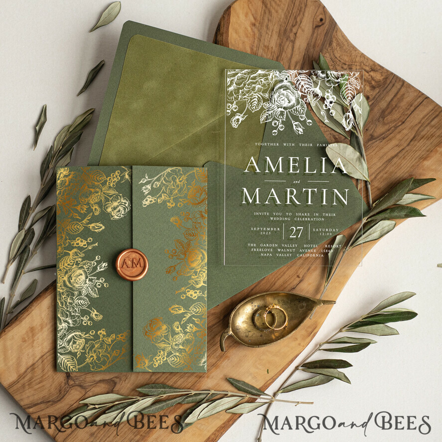 WEDDING INVITATIONS gold / rose gold / silver / glitter Acrylic Wedding Invitations cards, glamour Velvet olive green Wedding invitations designs, Italian Wedding invitation template Green Olive Branch