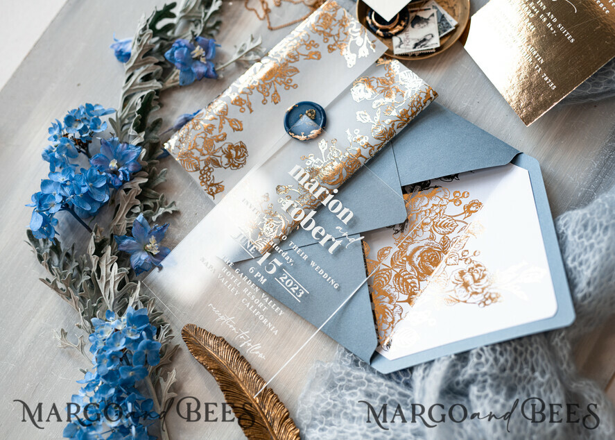 Elegant Dusty Blue Floral Acrylic Wedding Invitation Suite EWPA015