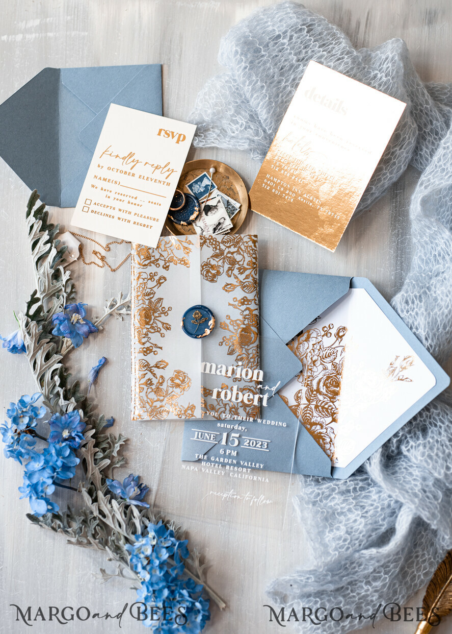 WEDDING INVITATIONS gold / rose gold / silver / glitter Bespoke Acrylic Ice blue wedding invitation, Glamour dusty blue Wedding Invitations, Modern Golden Plexi Wedding Invitation Suite,Boho Glam Wedding Cards wax seal 
